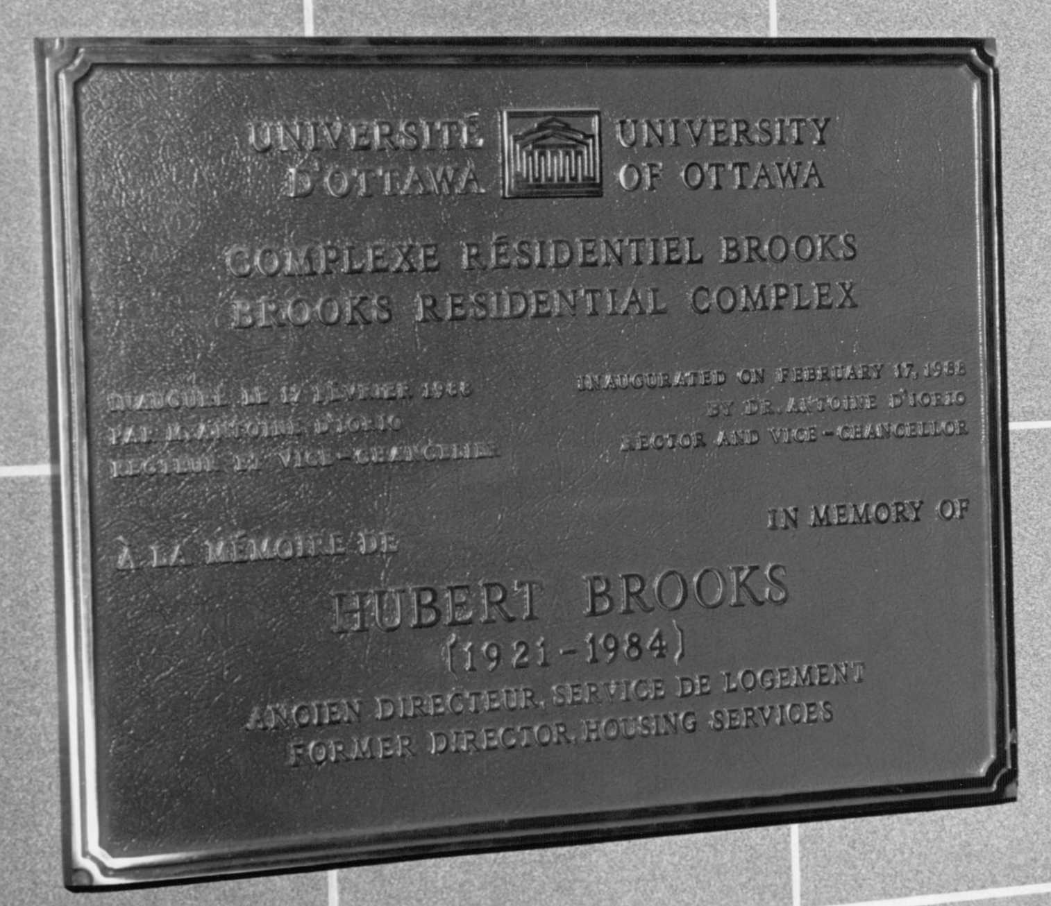 Hubert Brooks Commemerative Plaque on Wall of Entrance to University of Ottawa Brooks Residence